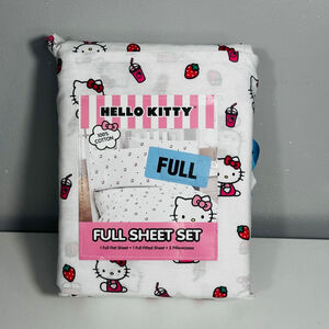 Hello Kitty Full Strawberry Milk All over Print Cotton White Pink Sheet Set